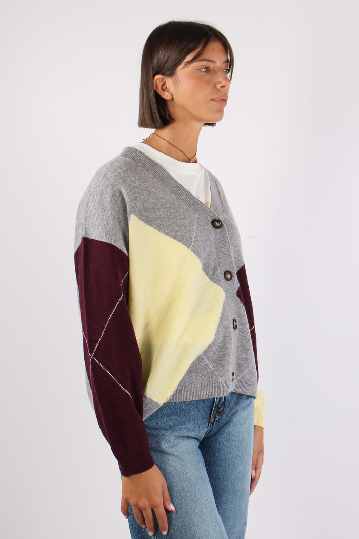 Cardigan 100% Lana Rombi Grigio/bordeaux/olio-6