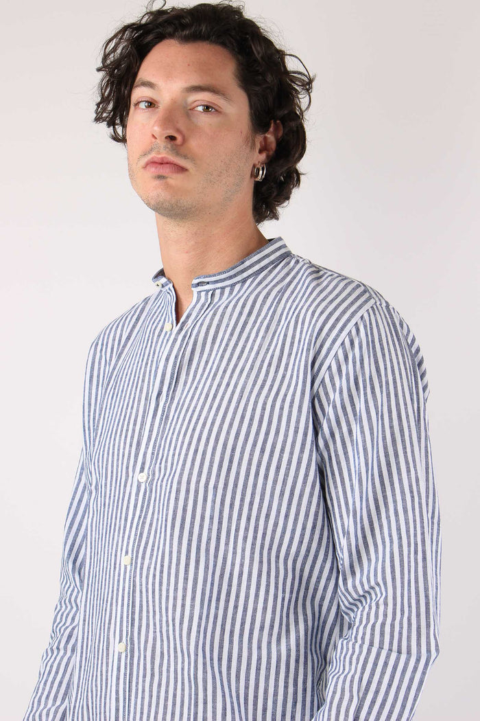 Camicia Coreana Lino Riga Blu Navy-7