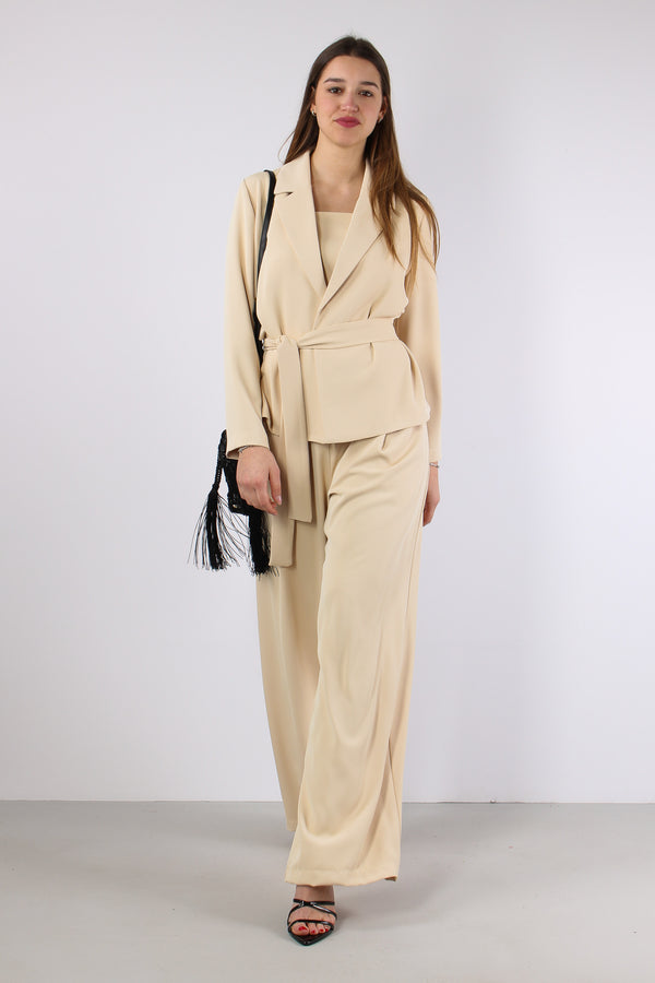 Pantalone Fluido Bottone Pence Crema