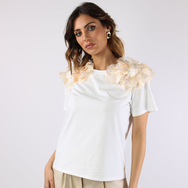 T-shir Applicazione Fiore Spalla Bianco-2