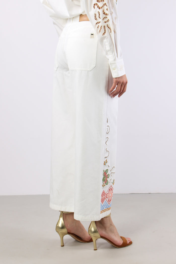 Adunco Pantalone Fondo Ricami Off White-6