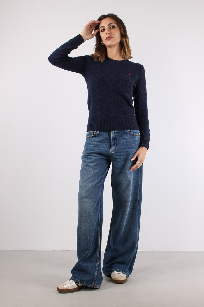 Maglia Girocollo Trecce Misto Lana Hunter Navy