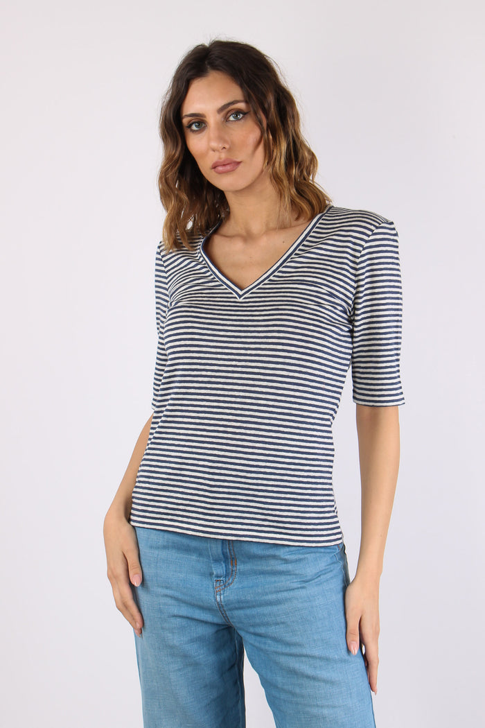 Opzione T-shirt Scavo V Riga Ecru/blu-2