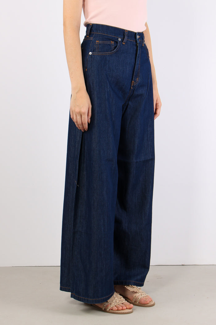 Pantalone Palazzo Cotone Lyonc Denim Scuro-3