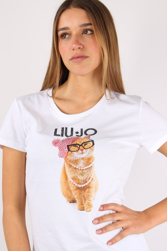 T-shirt Slim Stampa Gatto Bianco/cat-3