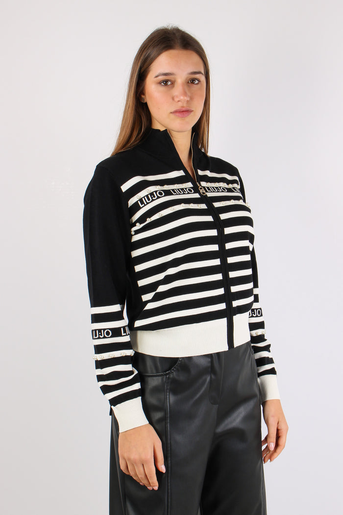 Maglia Zip Riga Inserto Perle Nero/bianco-7