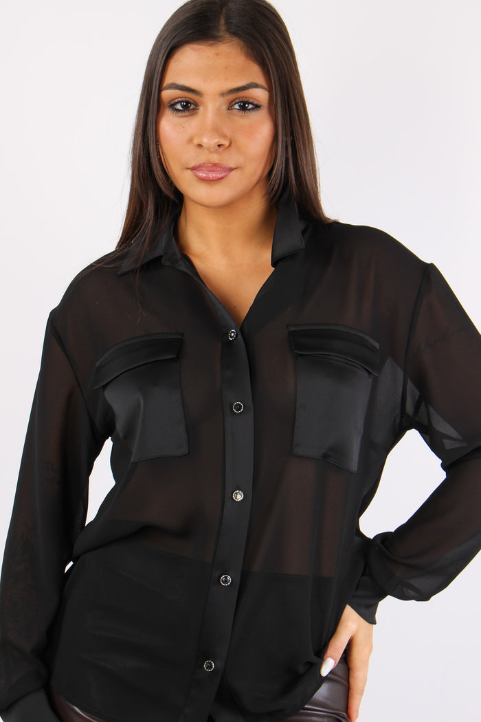 Camicia Tasche Inserto Raso Nero-3
