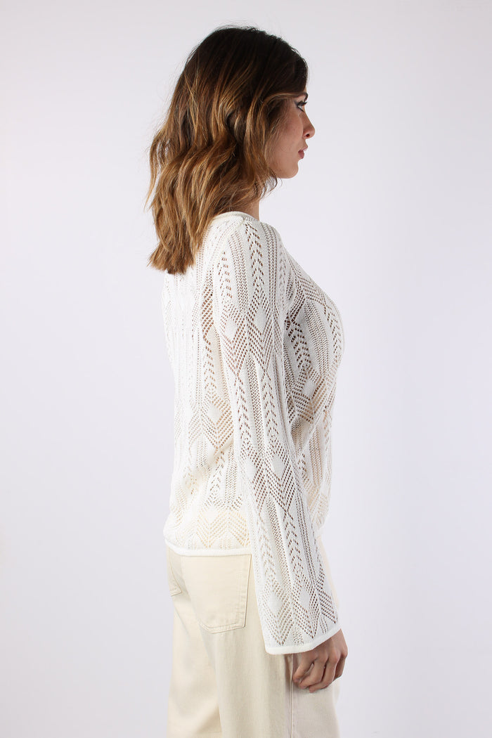 Maglia Macrame Manica Lunga Bianco Lana-6