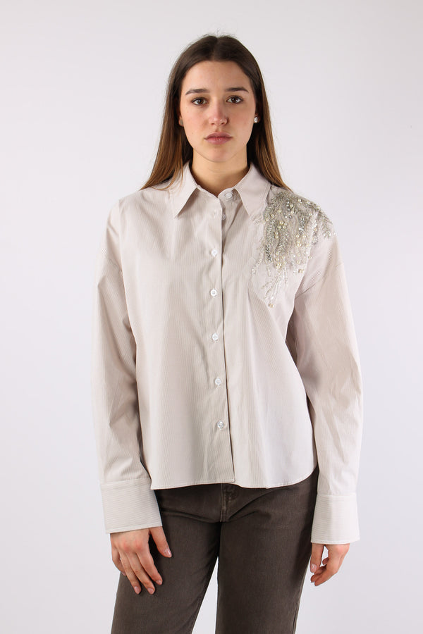 Camicia Riga Doppio Colletto A Beige