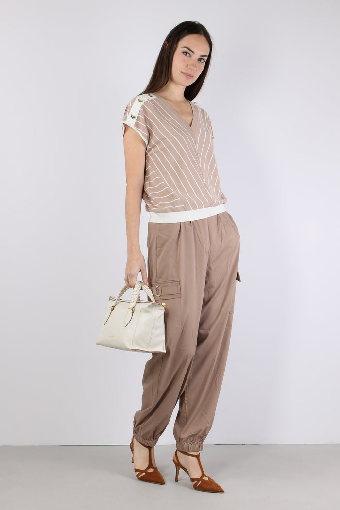 Maglia Scollo V Bottoni Riga Almond/white-5