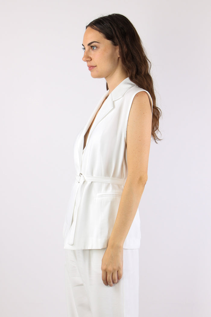 Gilet Cinturato Misto Viscosa Bianco-6