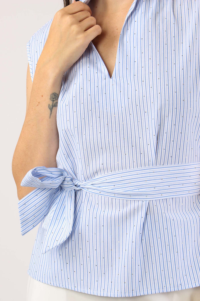 Camicia Smanicata Strass Cintu Blu-10