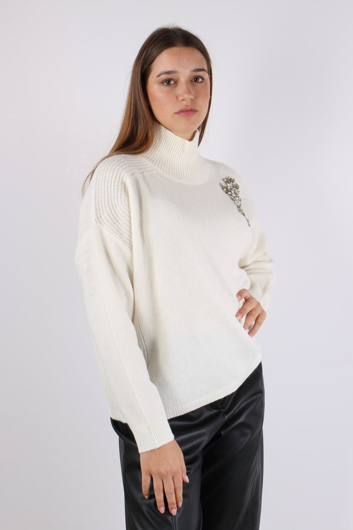 Maglia Collo Alto Applicazioni Bianco Lana-7