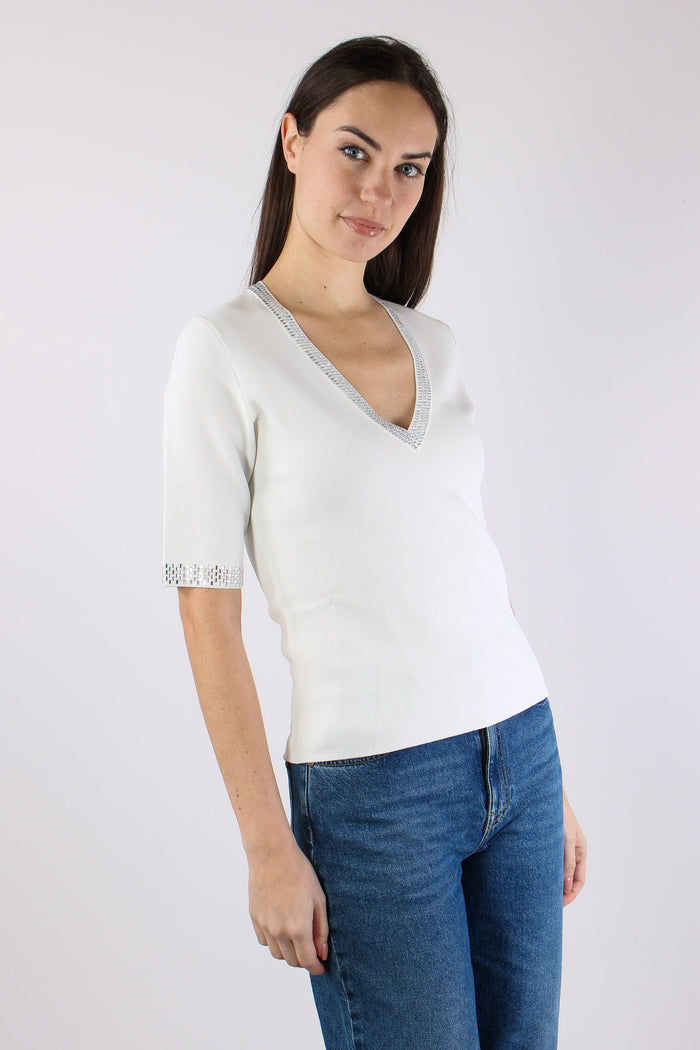Maglia Scollo V Strass Bianco Lana-7