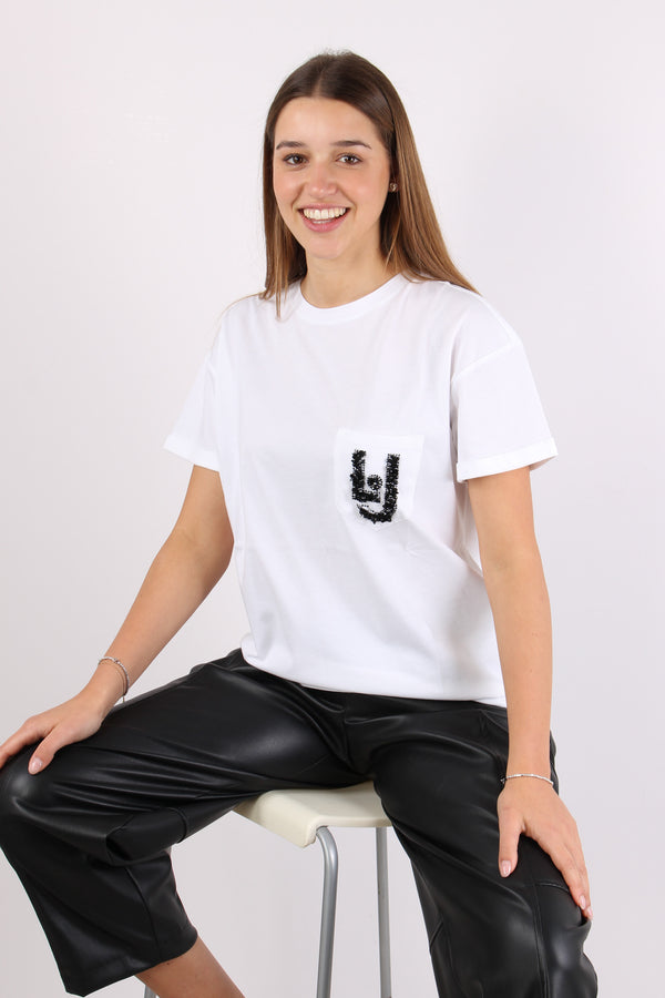 T-shirt Stampa Pailettes Bianco/lj