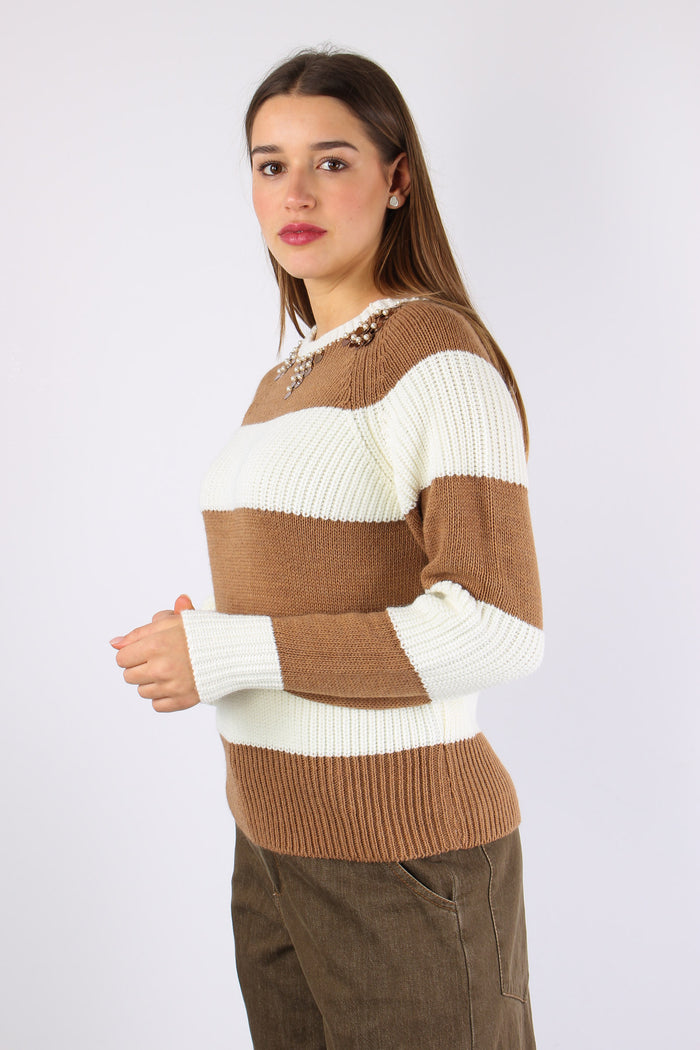 Maglia Riga Paillettes Panna/cammello-9