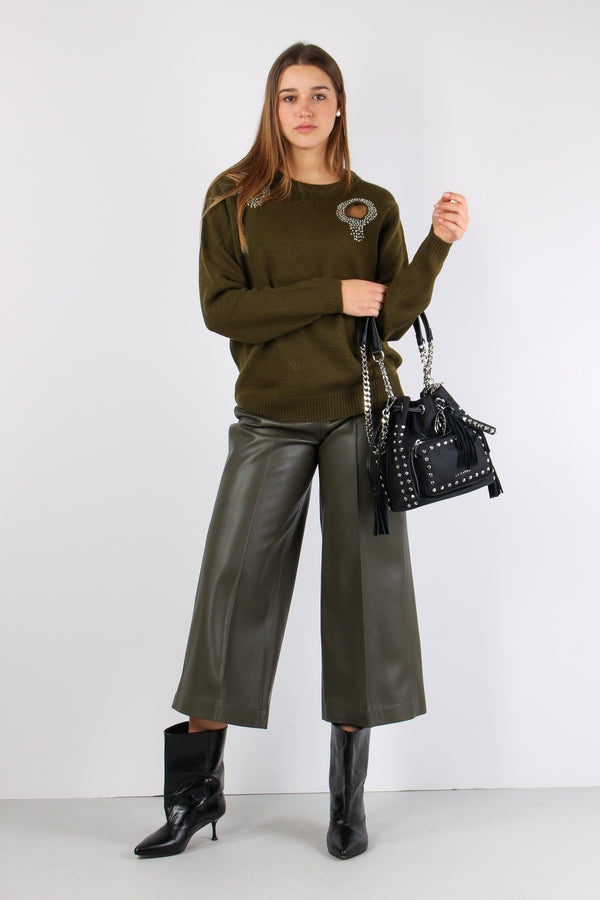 Maglia Aperture Davanti Strass Military Green