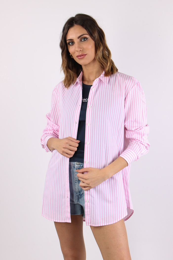 Camicia Cotone Riga Ricamo Schiena Bianco/rosa-4