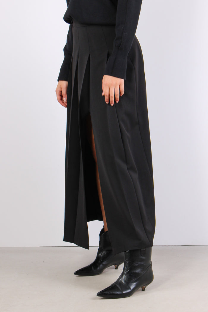 Gonna Lunga Pieghe Spacco Nero-3