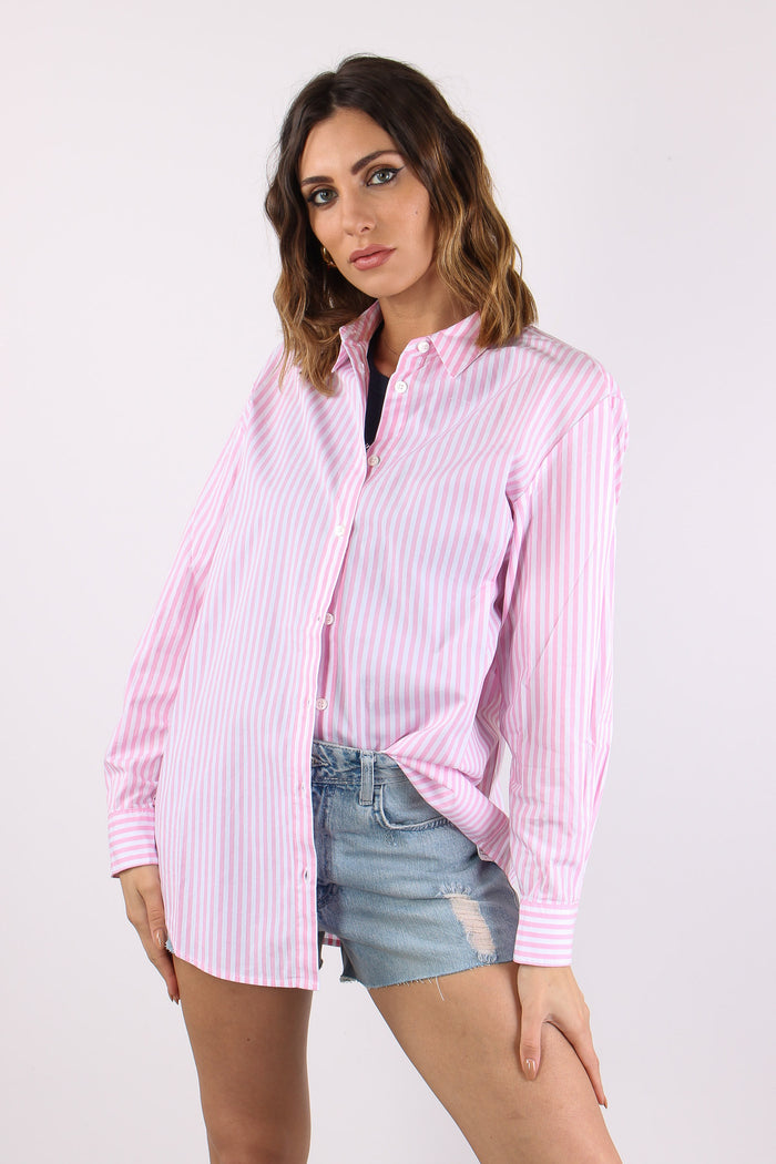 Camicia Cotone Riga Ricamo Schiena Bianco/rosa-3