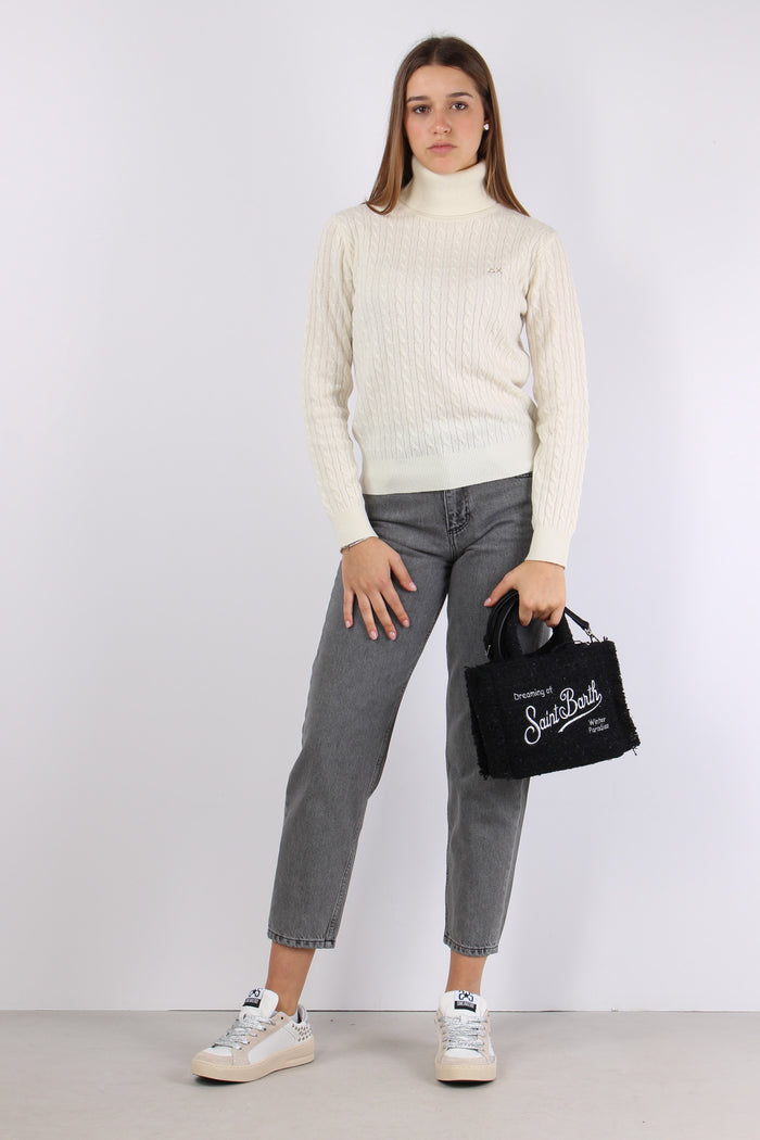 Maglia Collo Alto Trecce Bianco-3