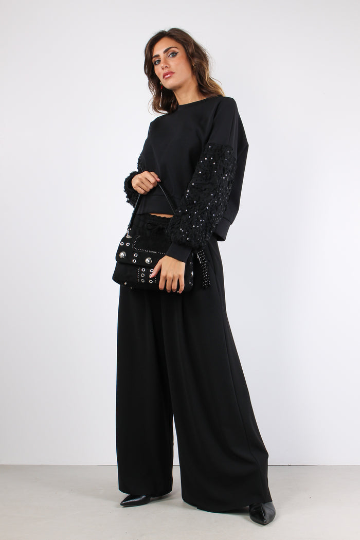 Felpa Manica Paillettes Tulle Nero-5