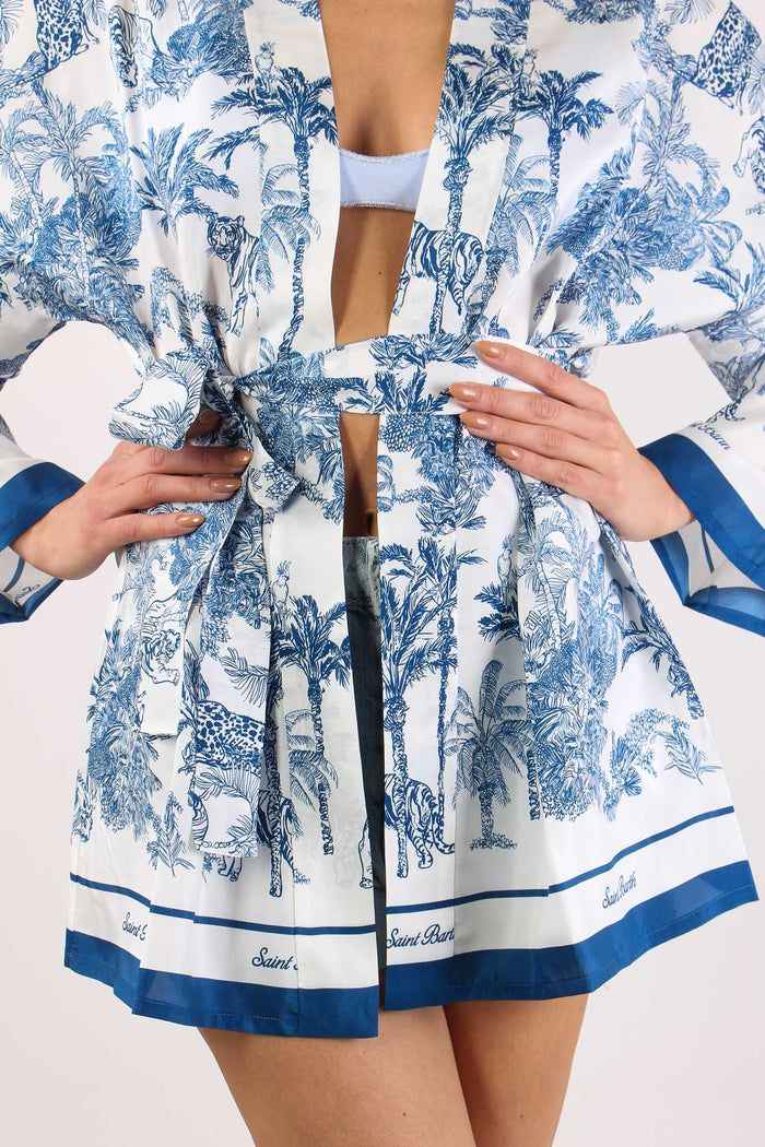 Kimono Cintura Fantasia Palme Bianco/blu-8