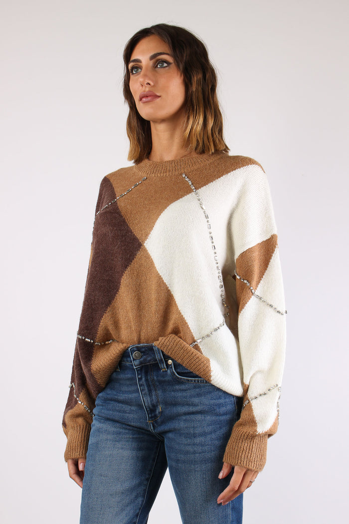Maglia Maxi Rombi Inserto Strass Camel-3