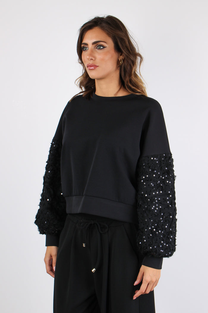 Felpa Manica Paillettes Tulle Nero-3