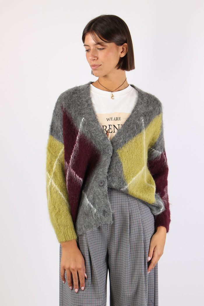 Cardigan Garzato Maxi Rombo Grigio/olio/bordeaux-5