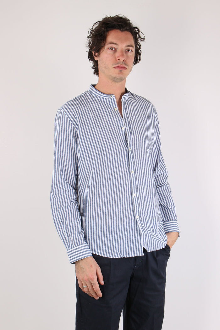 Camicia Coreana Lino Riga Blu Navy-6
