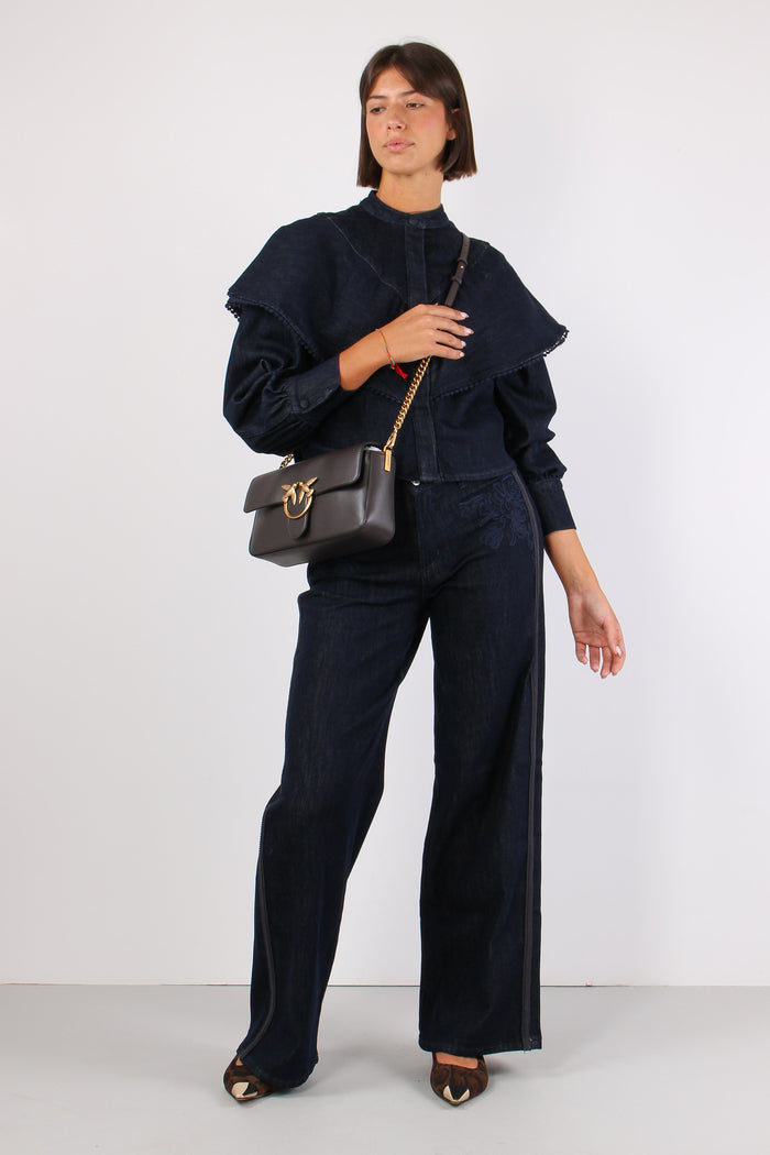 Denim Flare Ricami Davanti Denim Scuro-3