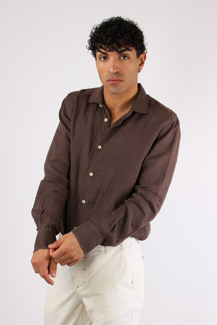 Camicia Classica Lino Marrone-2