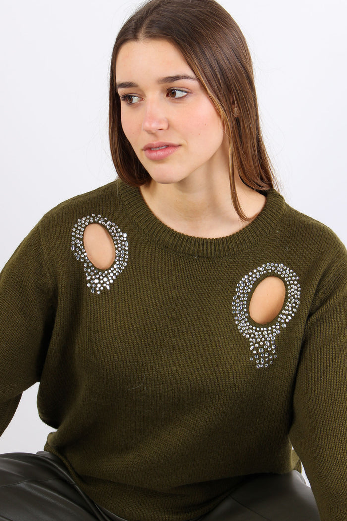 Maglia Aperture Davanti Strass Military Green-4