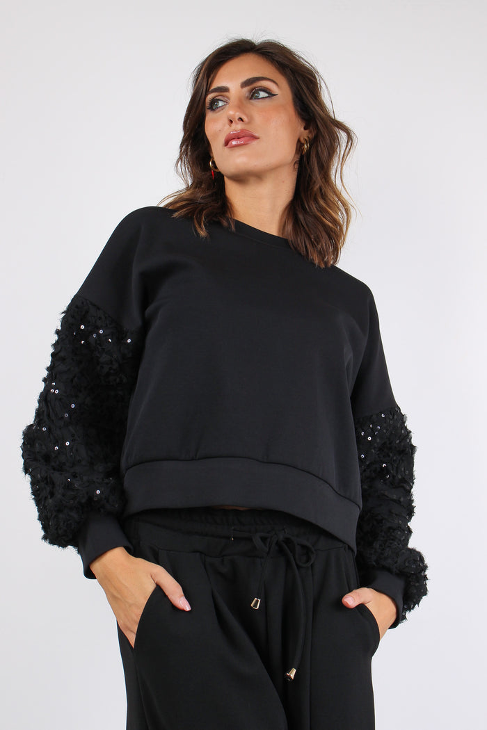 Felpa Manica Paillettes Tulle Nero-6