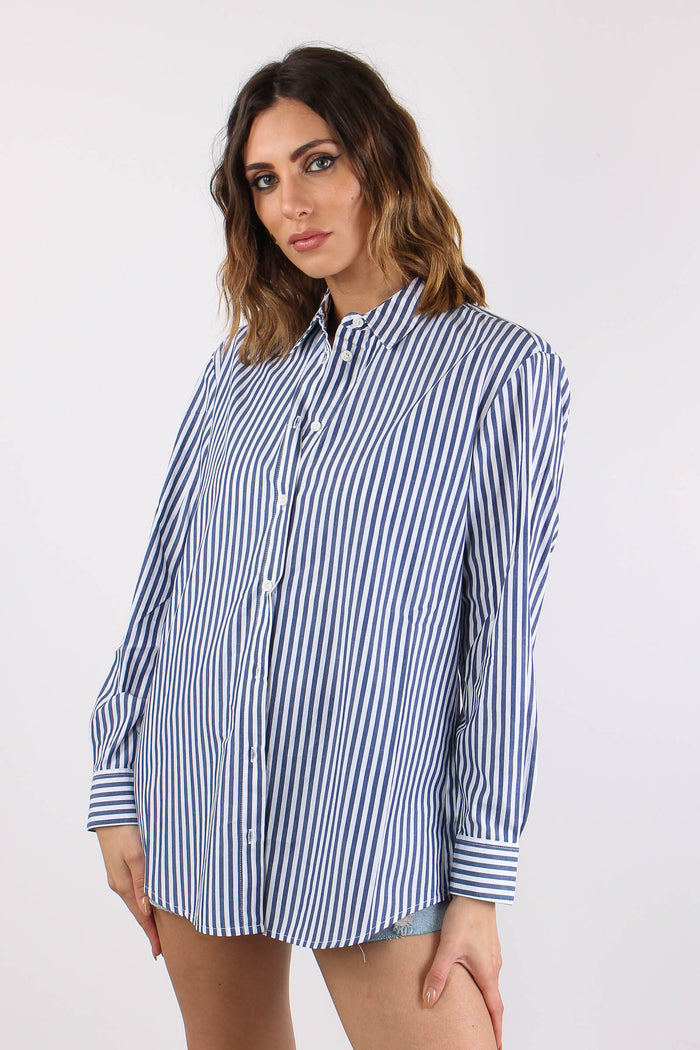 Camicia Cotone Riga Ricamo Schiena Bianco/blu-6