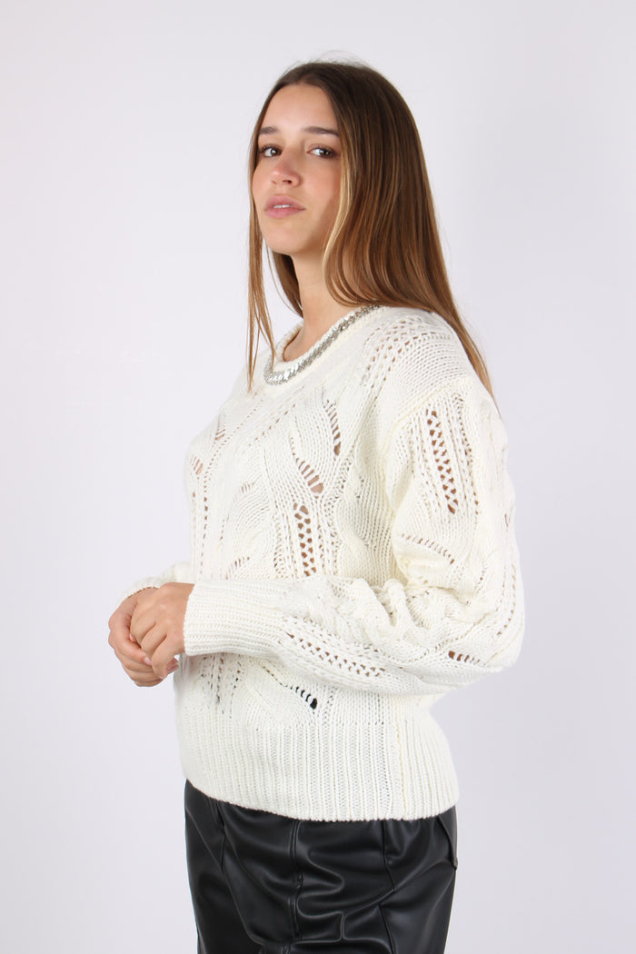 Maglia Slim Inserto Strass Bianco Lana-3