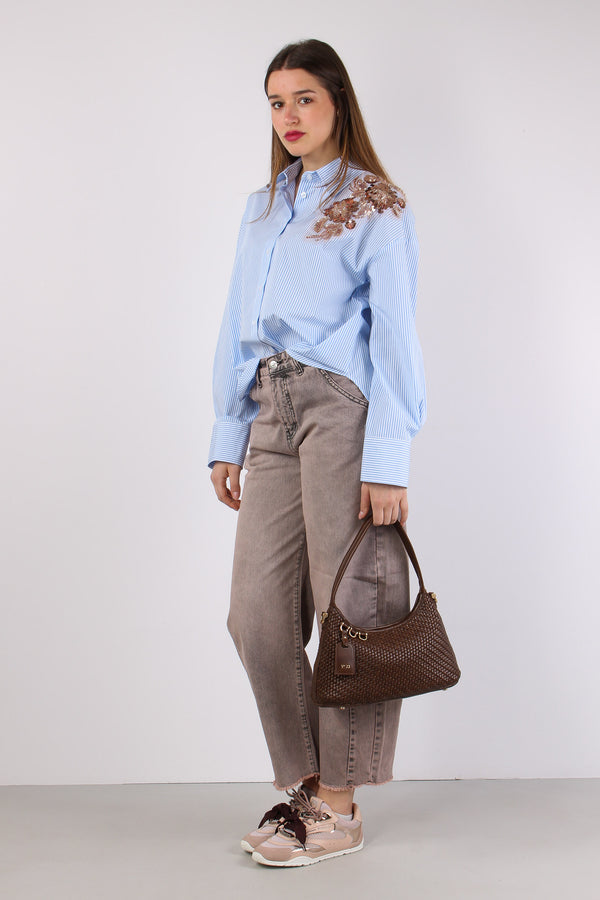 Camicia Riga Applicazione Fior Bianco/azzurro