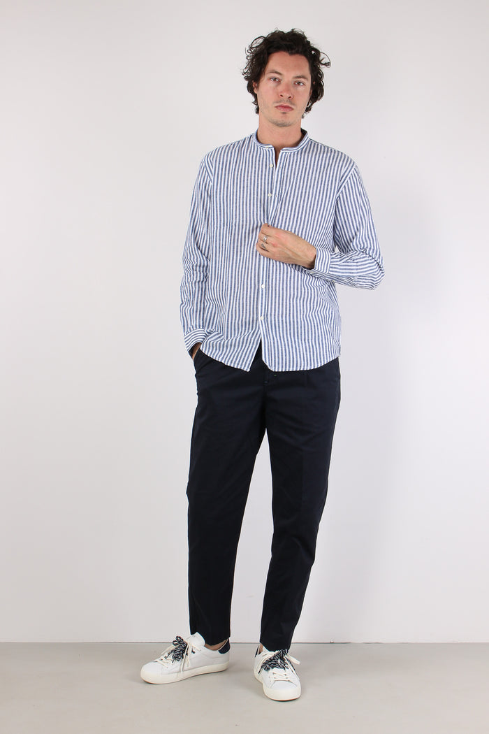 Camicia Coreana Lino Riga Blu Navy-4
