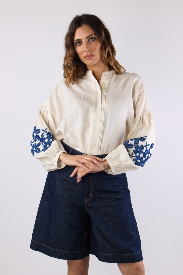 Destro Camicia Lino Ricami Ecru-2