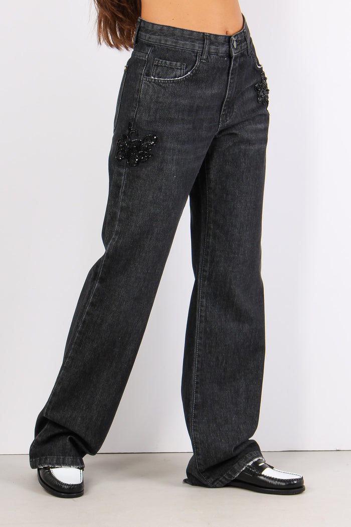 Dewen Denim Applicazione Fiore Nero-8