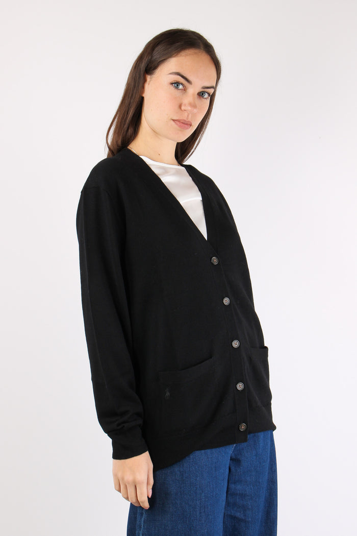 Cardigan Over Tasche Applicate Polo Black-3