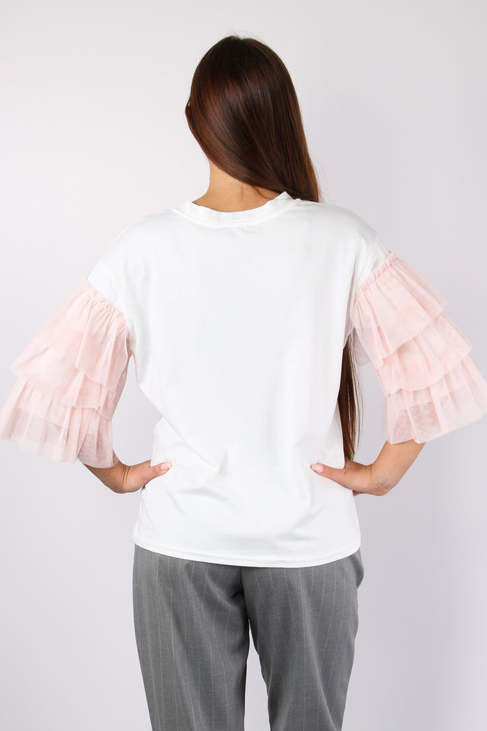 T-shirt Over Manica Tulle Bianco/rosa-2