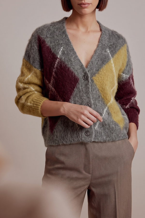 Cardigan Garzato Maxi Rombo Grigio/olio/bordeaux