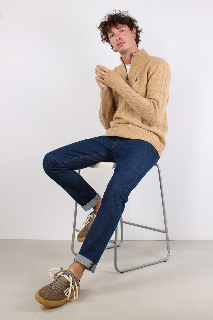 Maglia Mezza Zip Trecce Lana Camel Melange