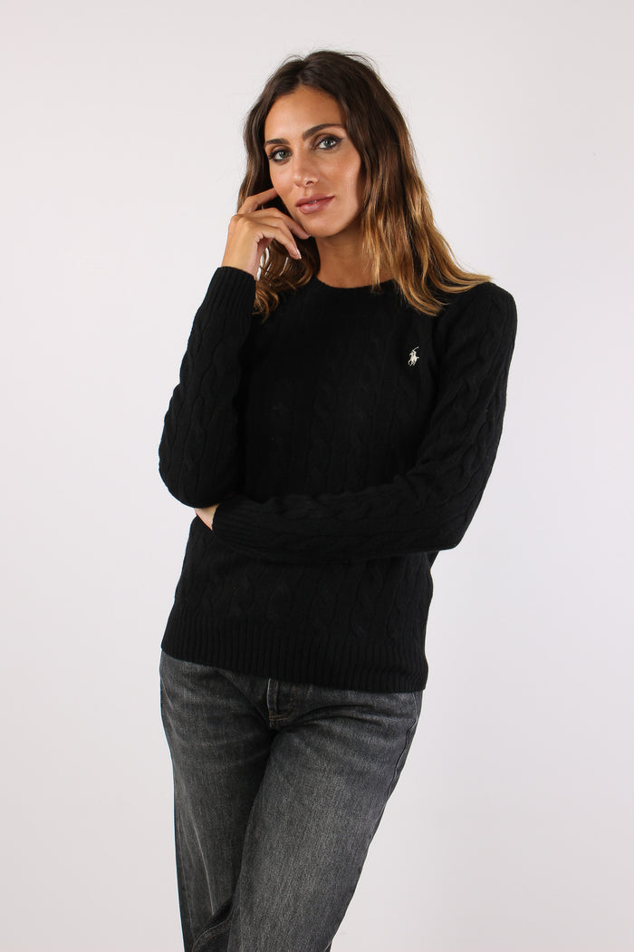 Maglia Girocollo Trecce Misto Lana Polo Black-4
