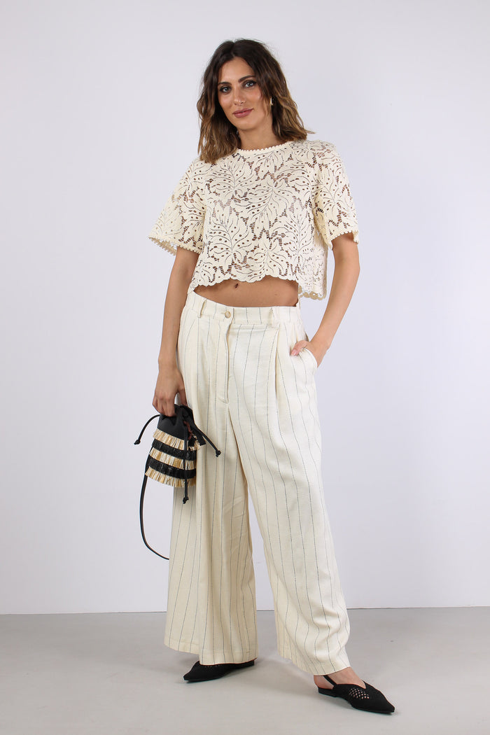 Pantalone Cropped Gessato Burro-5