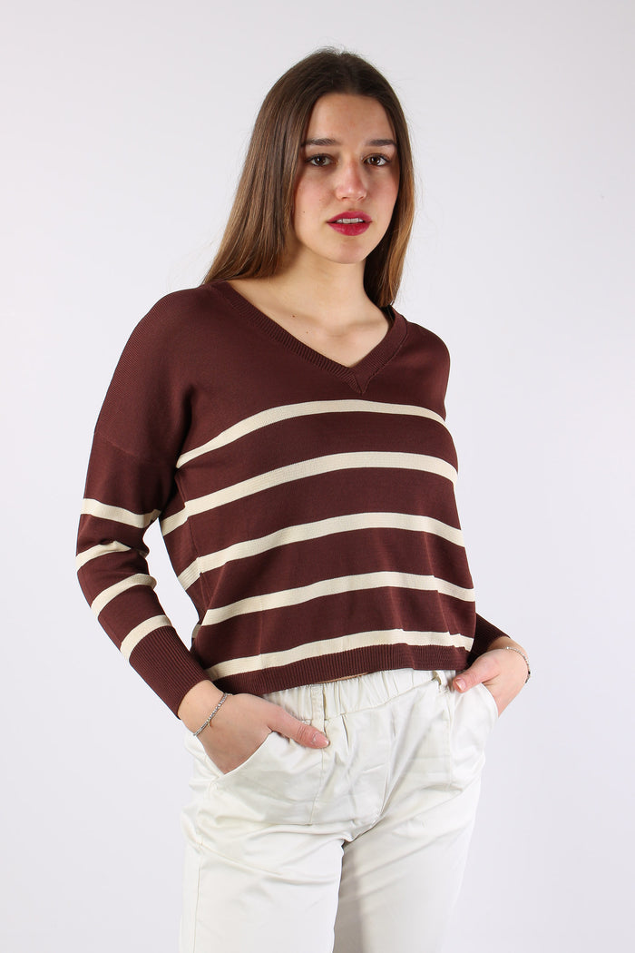 Maglia Scollo V Righe Moro/panna-5