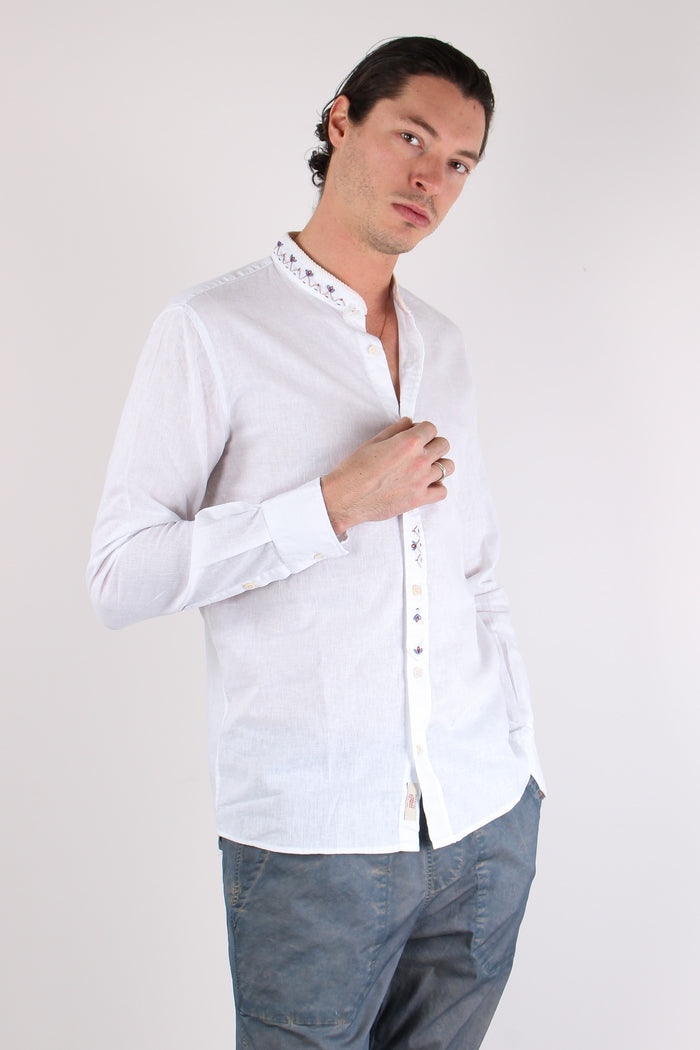 Camicia Lino Ricami Colletto Bianco-6