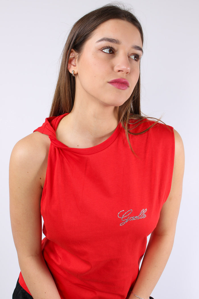 T-shirt Asimmetrica Logo Stras Rosso-6